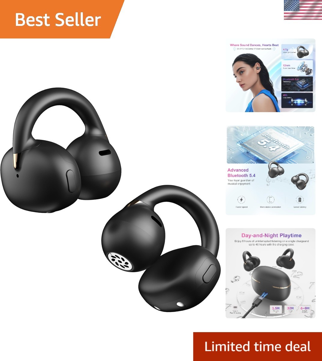 A7 Open Ear Clip-On Headphones for Glasses Wearers – Bluetooth 5.4, 40H Battery