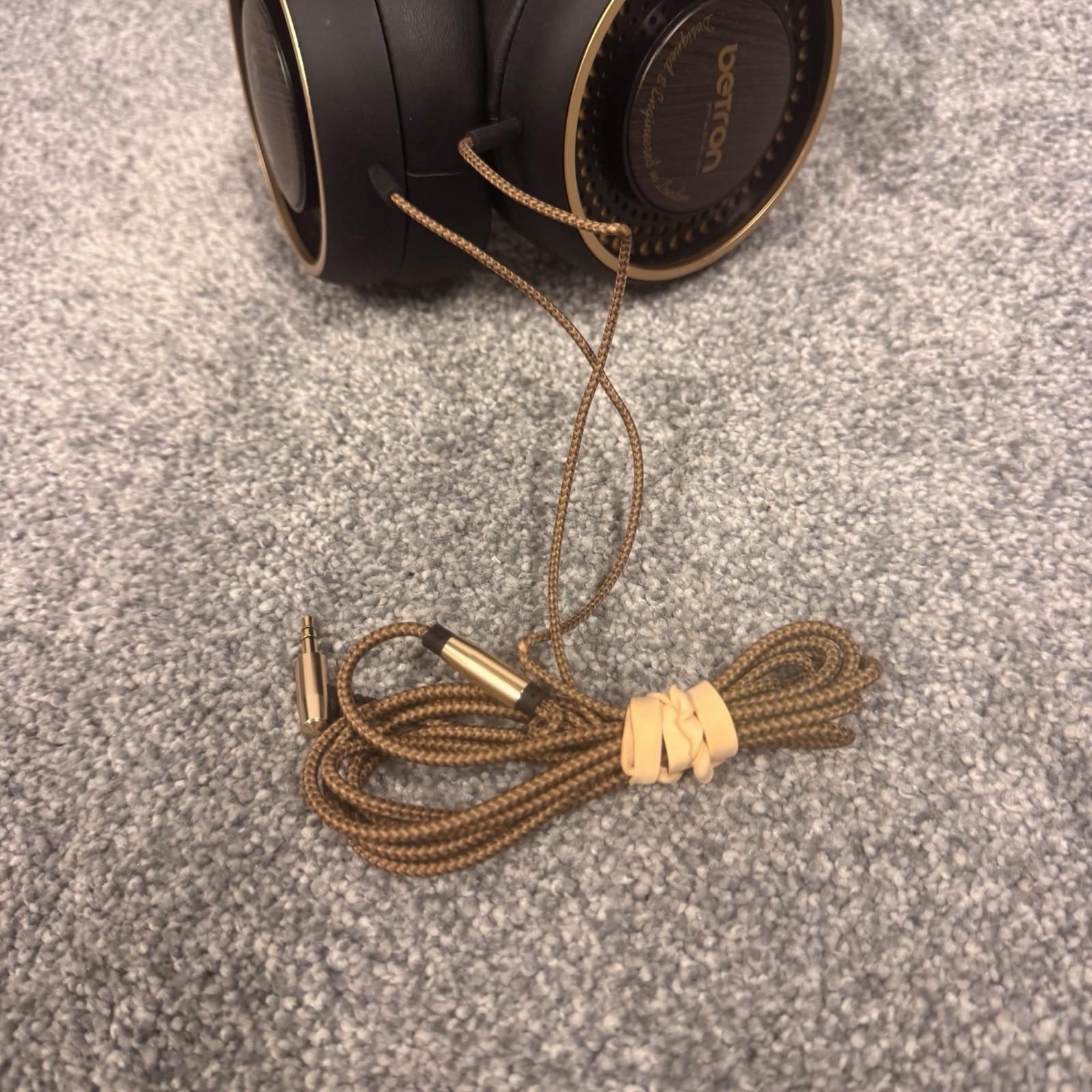 Betron Over-Ear Wired Headphones – Black & Gold with Wood Grain Design