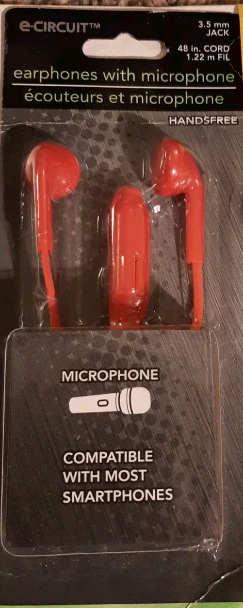 Earphones with Microphone 🎤 Handsfree Red 3.5 mm Jack 4-Ft Cord For Smartphone