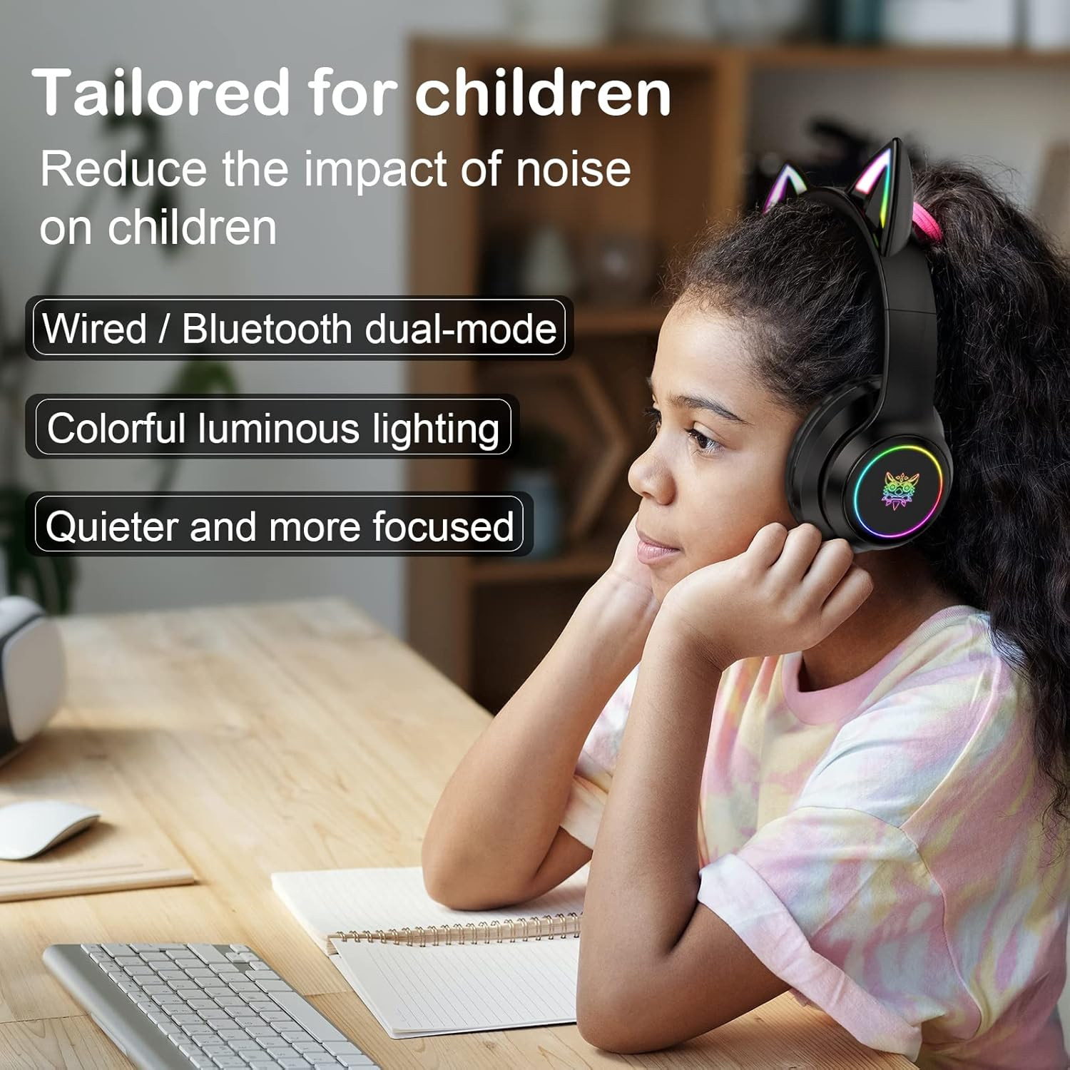 Bluetooth Cat Ear Headphones for Kids & Adults, Wireless & Wired Mode Foldable H