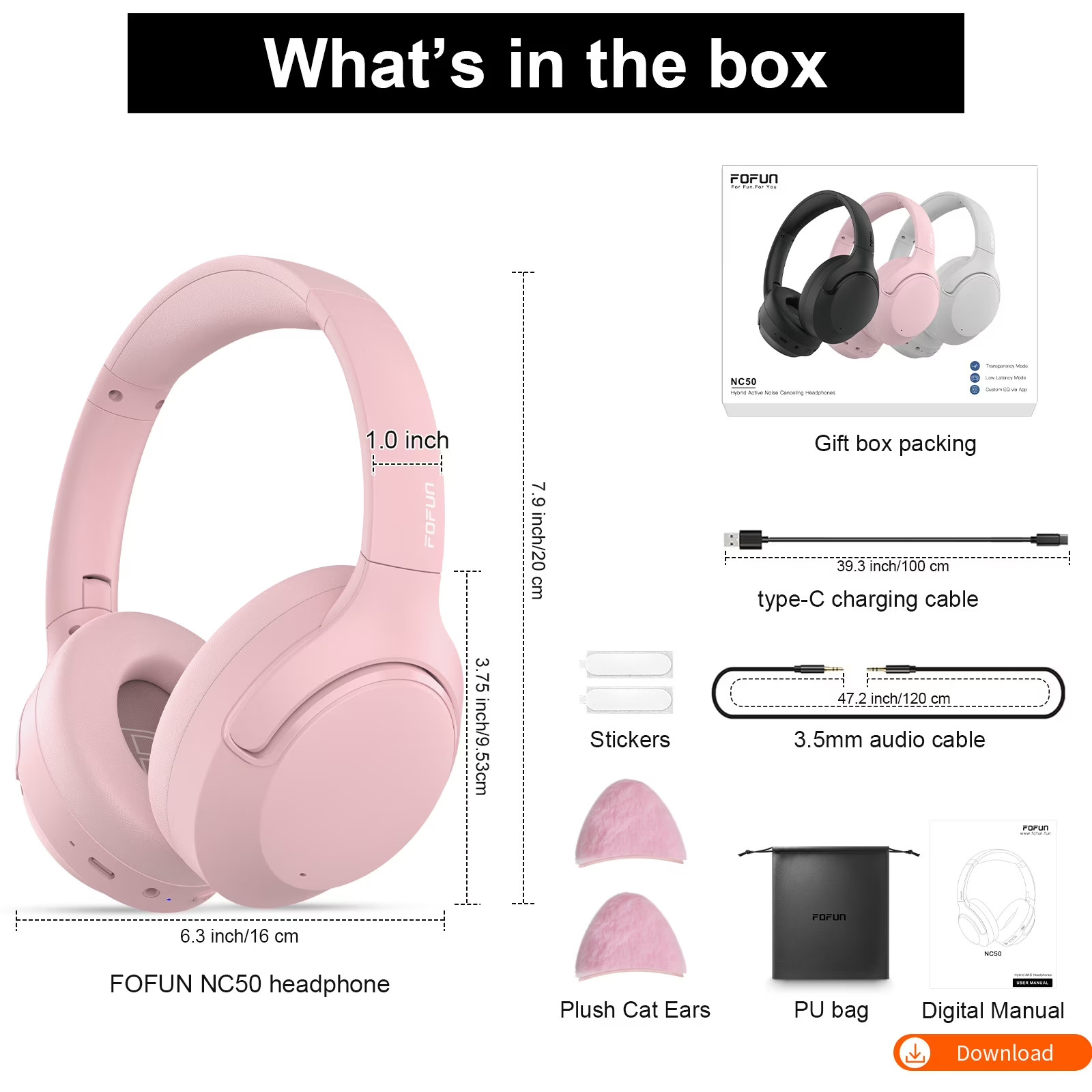 Wireless Hybrid Active Noise Cancelling Headphones Transparency Mode FOFUN NC50