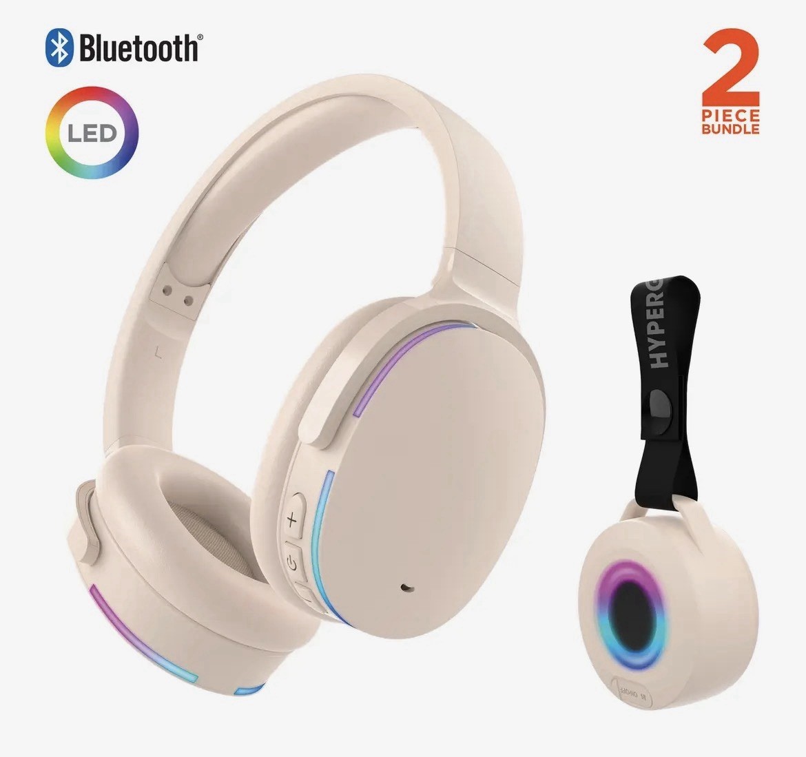 Bluetooth Wireless Over-Ear LED Headphones Memory Foam Beige Multicolor 2pc