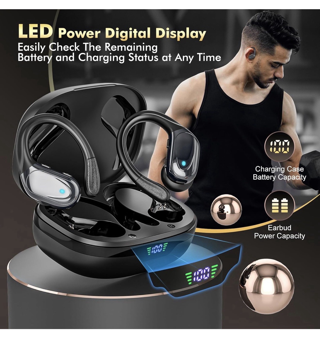 Wireless Earbuds, Sports Headphones, 80Hrs Playtime Buds with LED Power Display