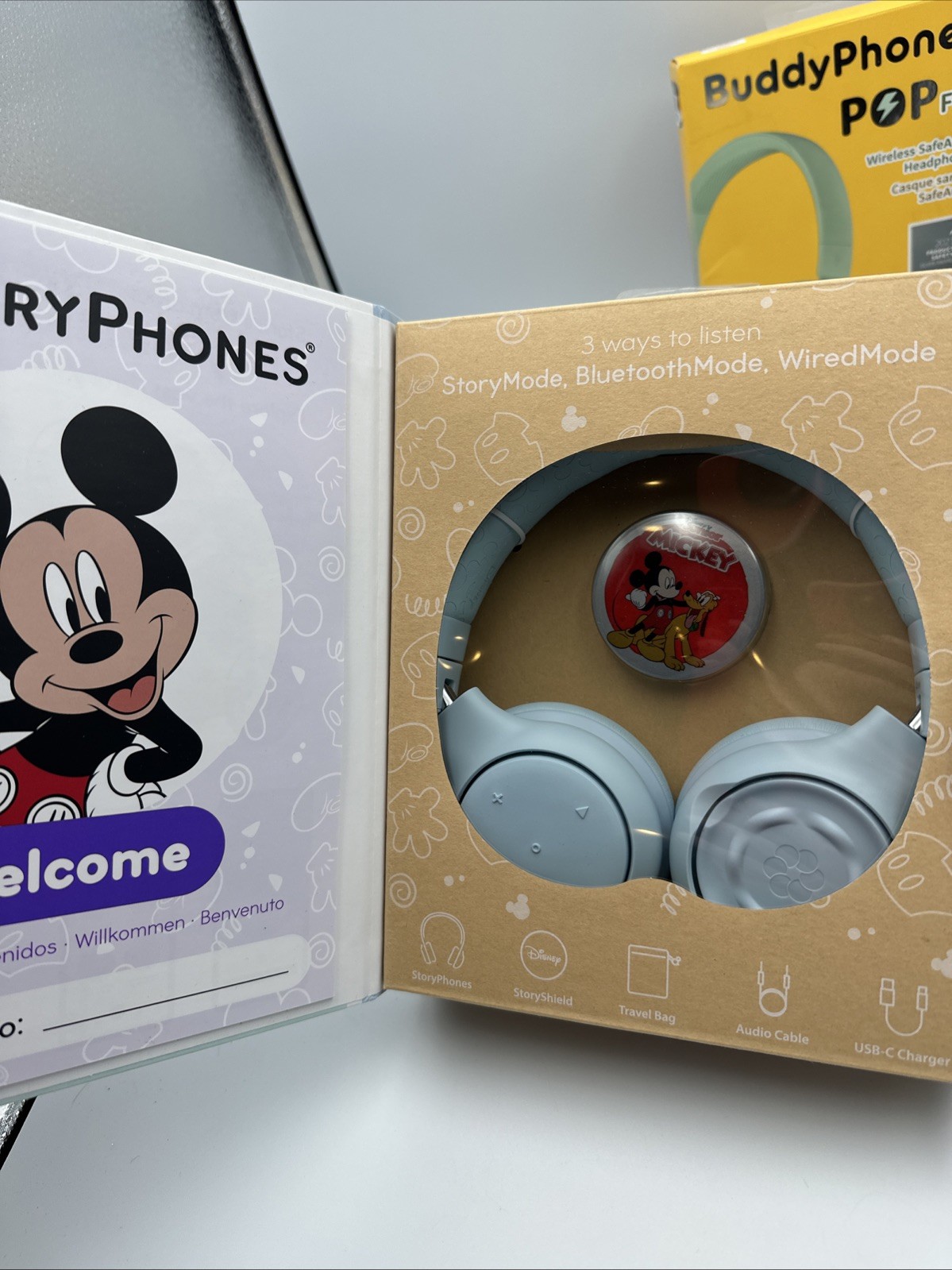 3 Pairs – Disney Story Phones & Buddy Phones Pop Headphones Kids Blue Pink Green