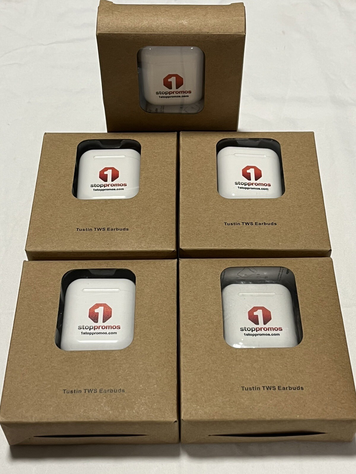 Lot Of 5 New Tustin TWS Earbuds. SKU:EP42. 350mAh/3.7V. DC5V/1A. 0.5W. White