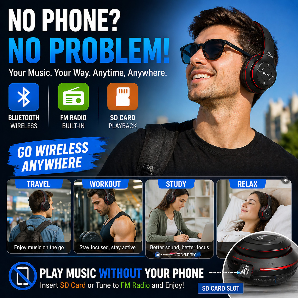 Bluetooth Headphones Wireless Over Ear Foldable 48H Battery FM Radio SD Card P47
