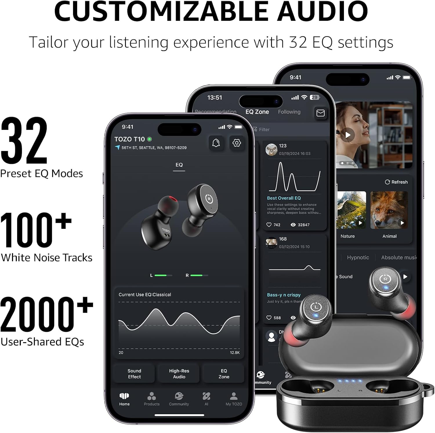 T10 Wireless Earbuds Bluetooth 5.3 Headphones, App Customize EQ, Ergonomic Desig