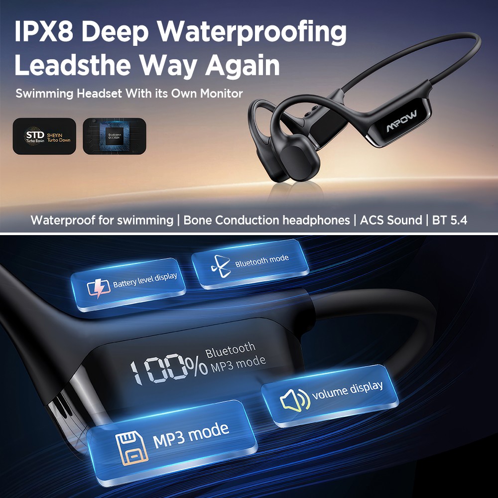 Mpow Swimming headphone Wireless Open Earphone Bluetooth 5.4 for Running Cycling