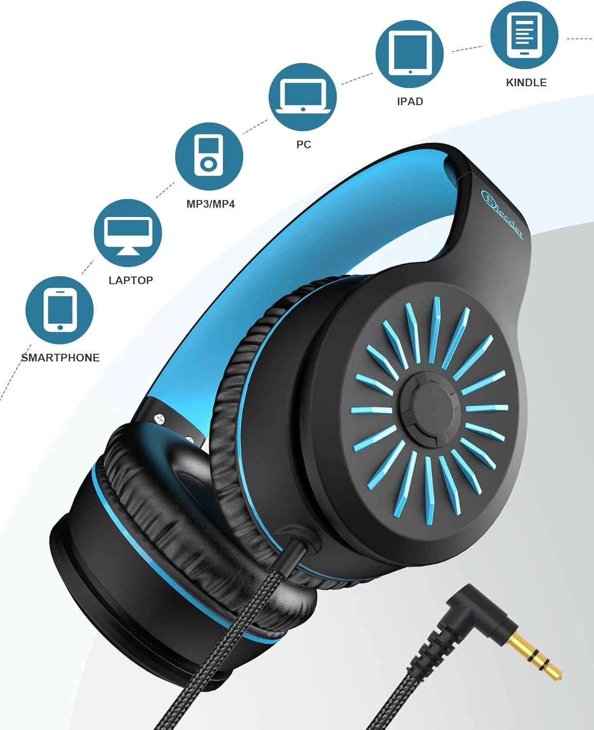 On Ear Headphones with Microphone Foldable Wired Stereo Bass Blue