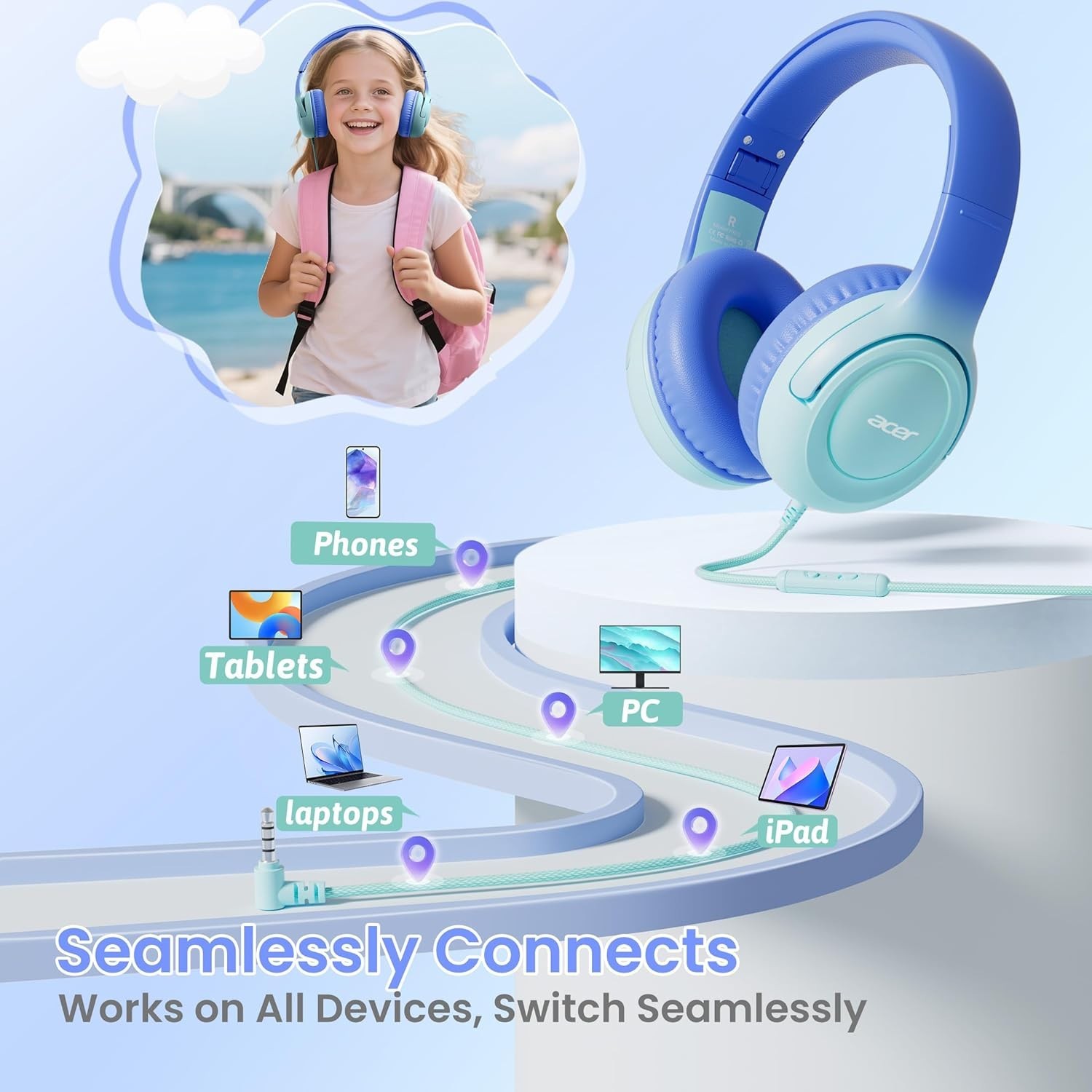 Acer Kids Headphones – 85/94dB Volume Limiter, Foldable Wired Over Ear Headphone