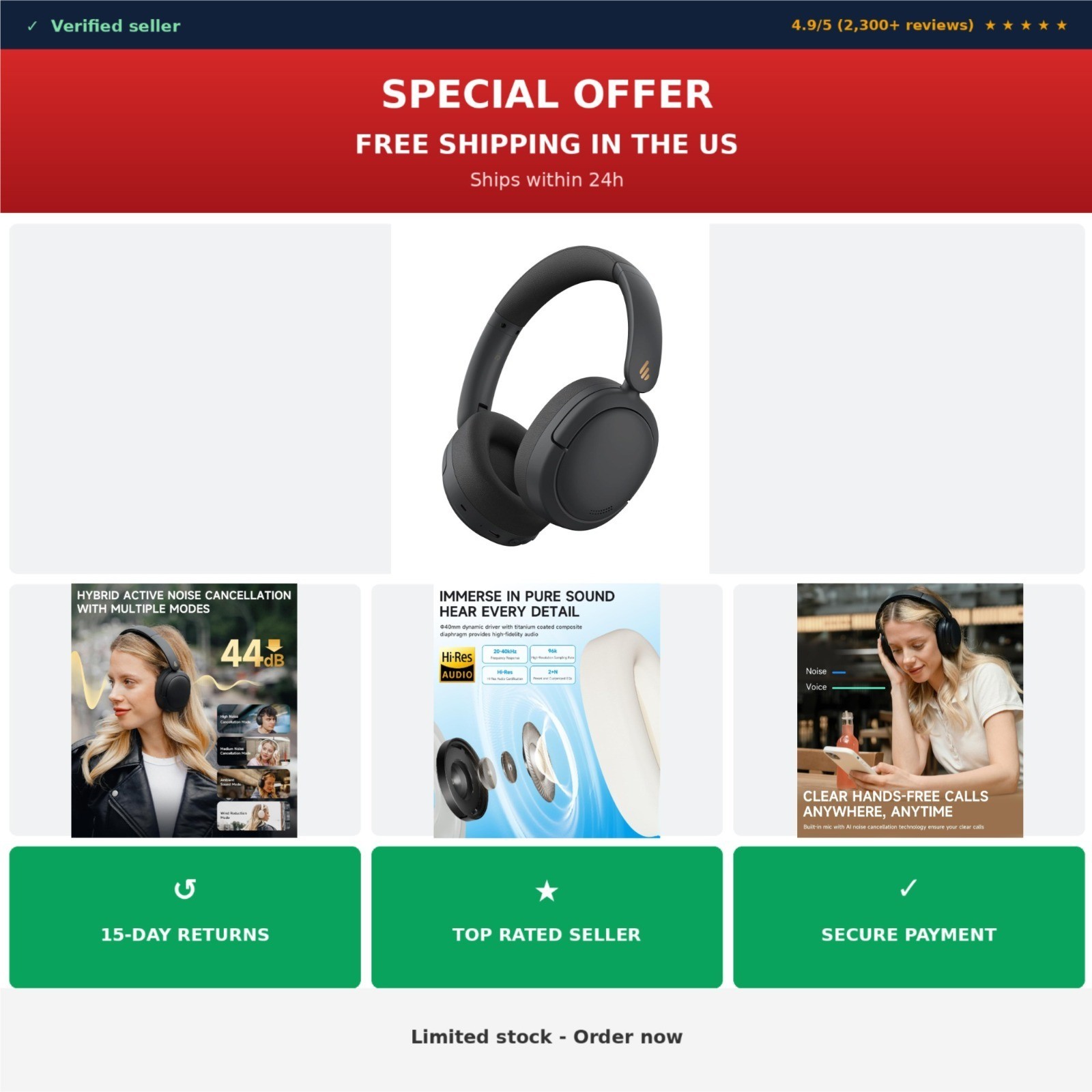 Edifier W800BT Pro Wireless Over-Ear Headphones – Noise Cancelling, 45H Playtime