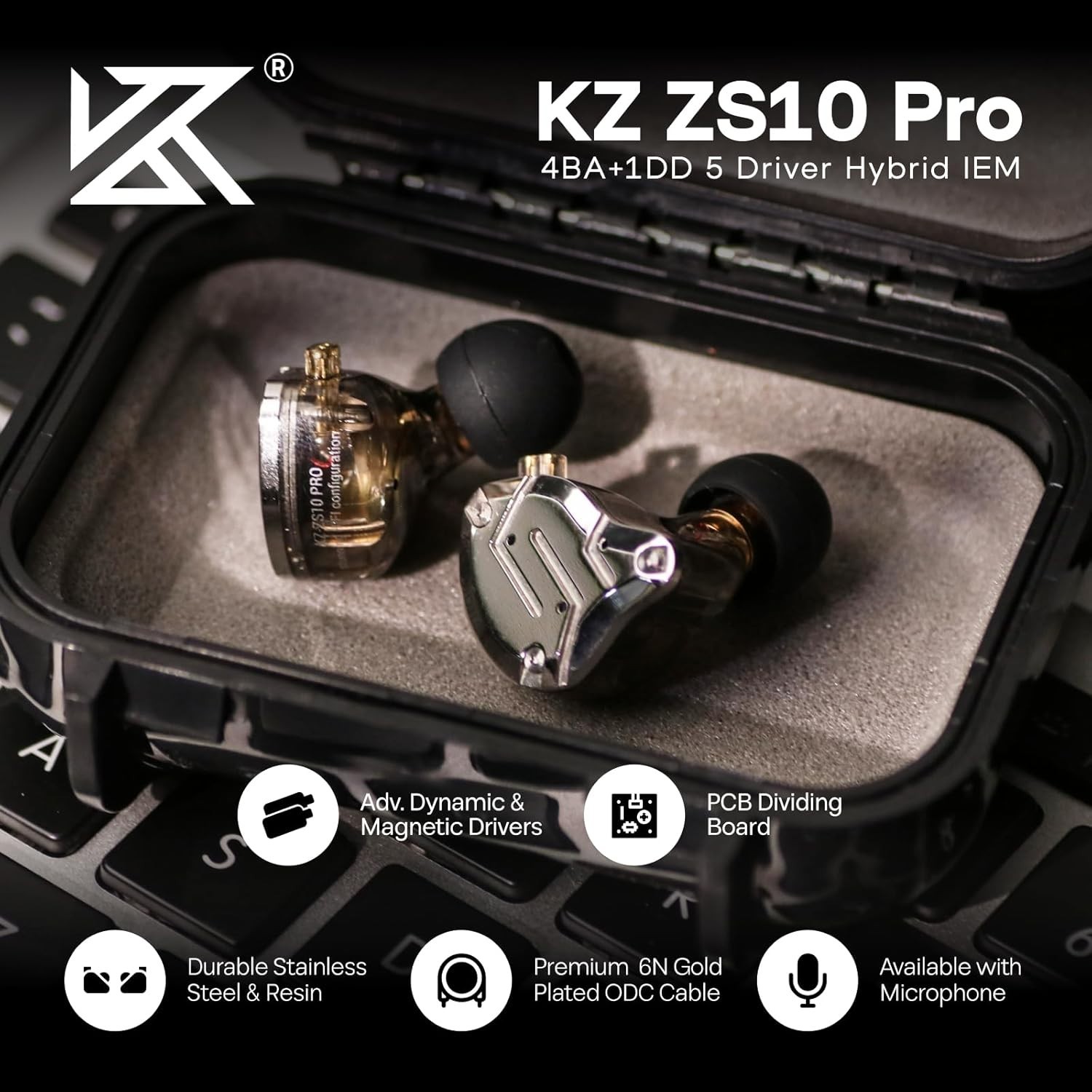 KZ ZS10 Pro High-Performance Hybrid Earphones with Detachable Cable, Black