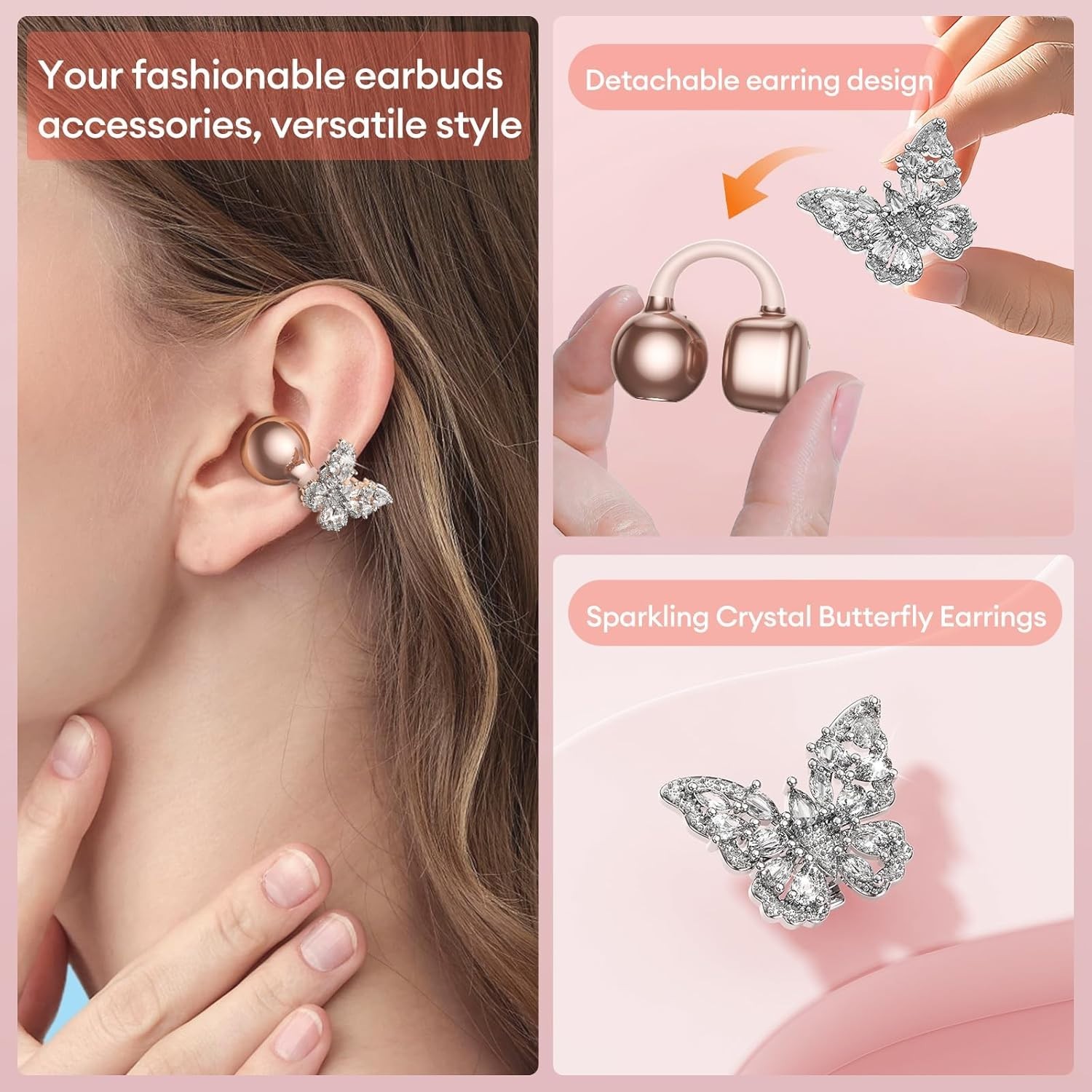 Bling Open Ear Clip On Earbuds with LED Display & Crystal Butterfly Earrings,…