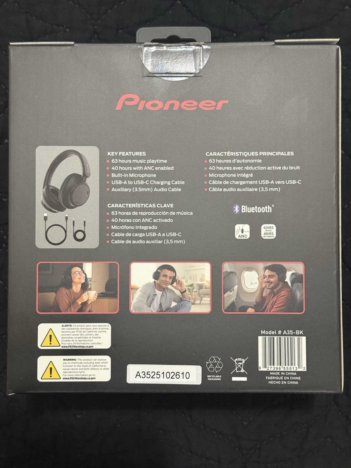 Pioneer A35-BK Bluetooth Over-Ear Headphones ANC Built-In Mic USB-C Black