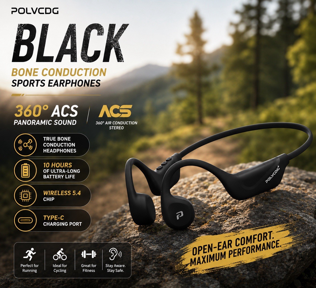 Open Ear Bone Conduction Wireless Sports Headphones for Running Cycling Gym