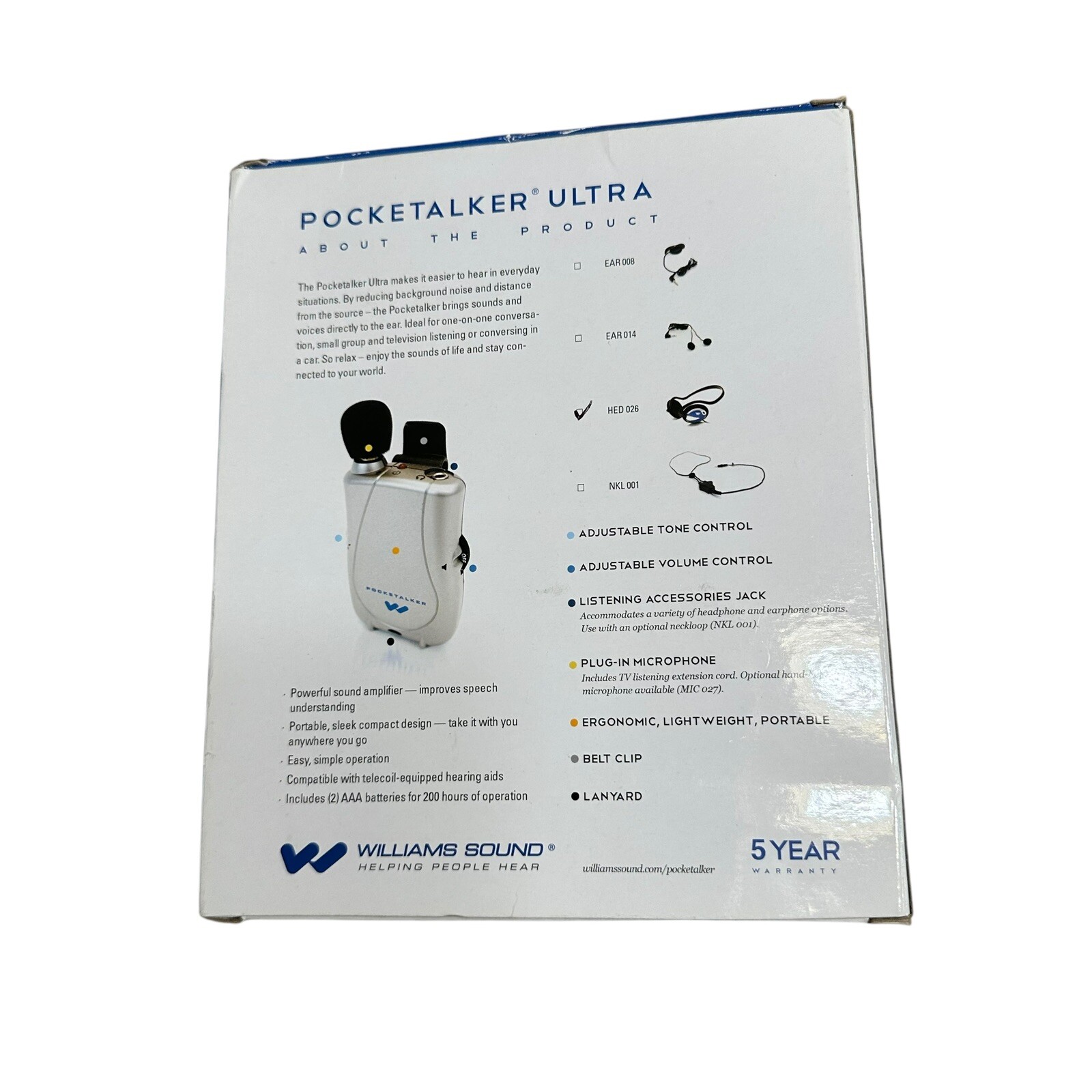 Williams Sound Pocketalker Ultra Personal Sound Amplifier New