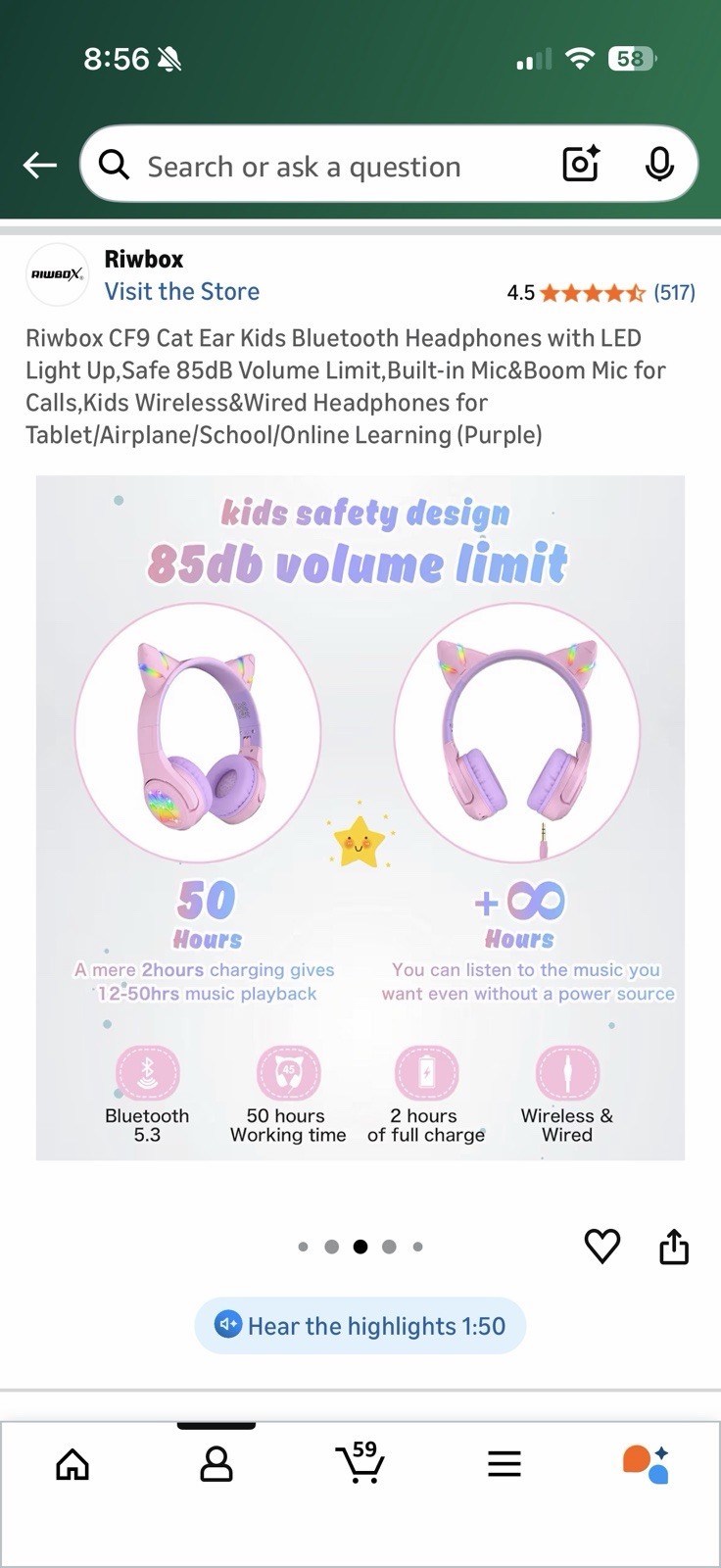 Riwbox CF9 Cat Ear Kids Wireless&Wired Headphones for Tablet/Airplane/school