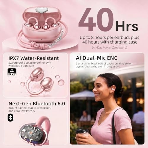 Clip-On Earbuds Open Ear Bluetooth 6.0 Wireless 14mm IPX7 Waterproof 6H