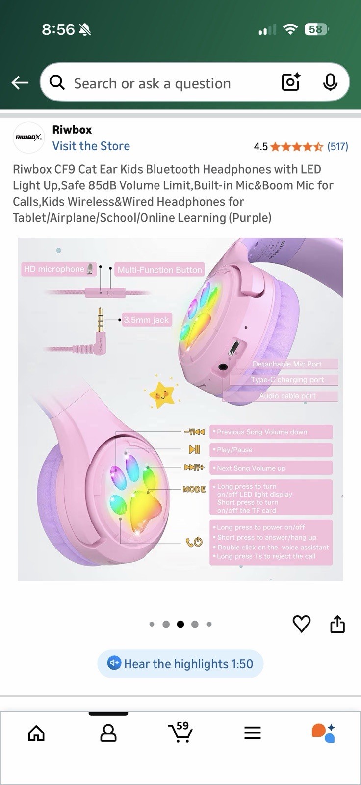 Riwbox CF9 Cat Ear Kids Wireless&Wired Headphones for Tablet/Airplane/school