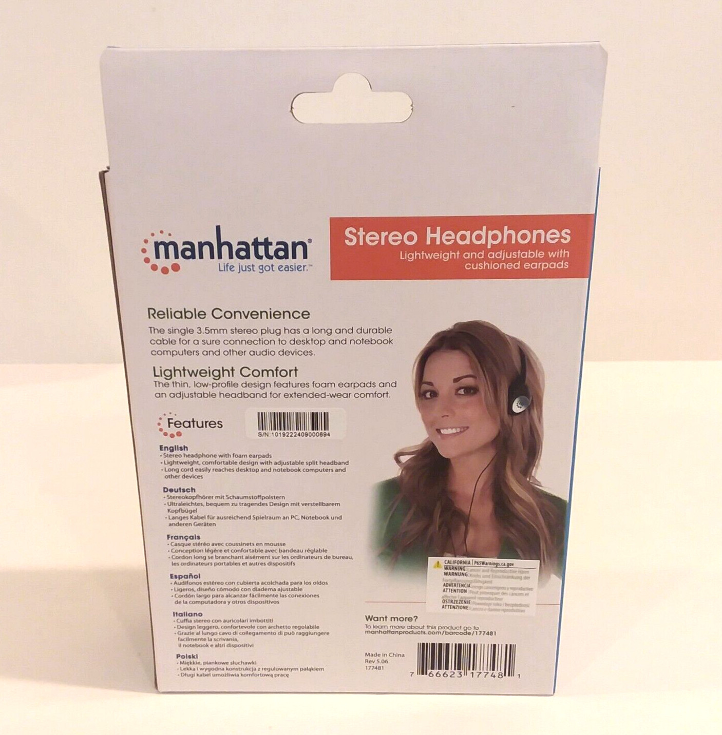 Manhattan 177481 Lightweight Stereo Headphones Black, 3.5mm Jack, 6.0′ Cable NEW