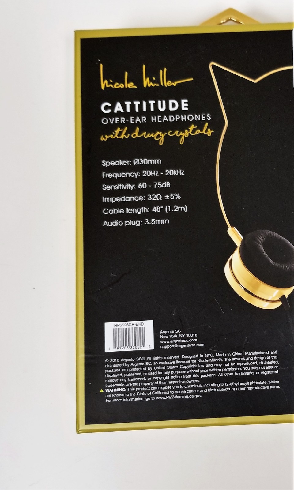 NICOLE MILLER CATTITUDE GOLD+DUICY BLACK NUGGET CRYSTALS HEADPHONES-20HZ-20KHZ