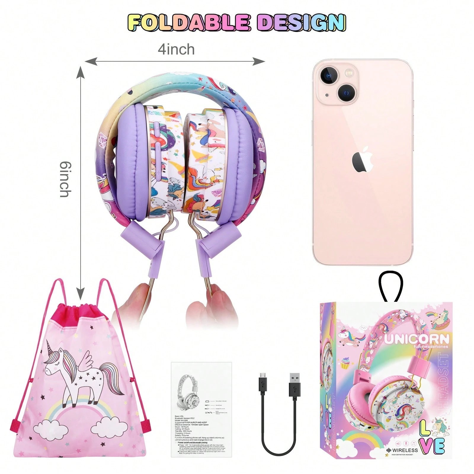 Unicorn Cat Ear Wireless Bluetooth Headphones with Mic for Girls Birthday Gift