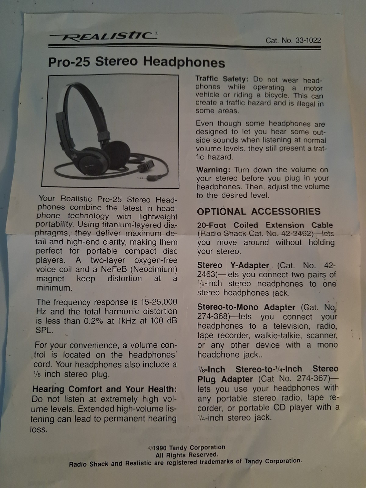 Radioshack Pro-25 Stereo Headphones W/In-line Volume Control Cat No. 33-1022