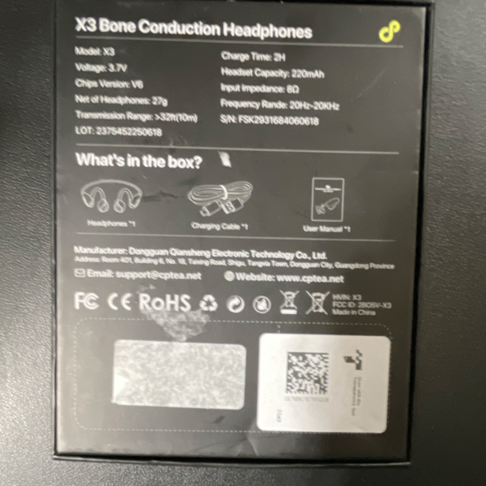 CPTEA X3 Open Ear Bone Conduction Headphones Black 20Hz-20KHz 8Ω Model X3