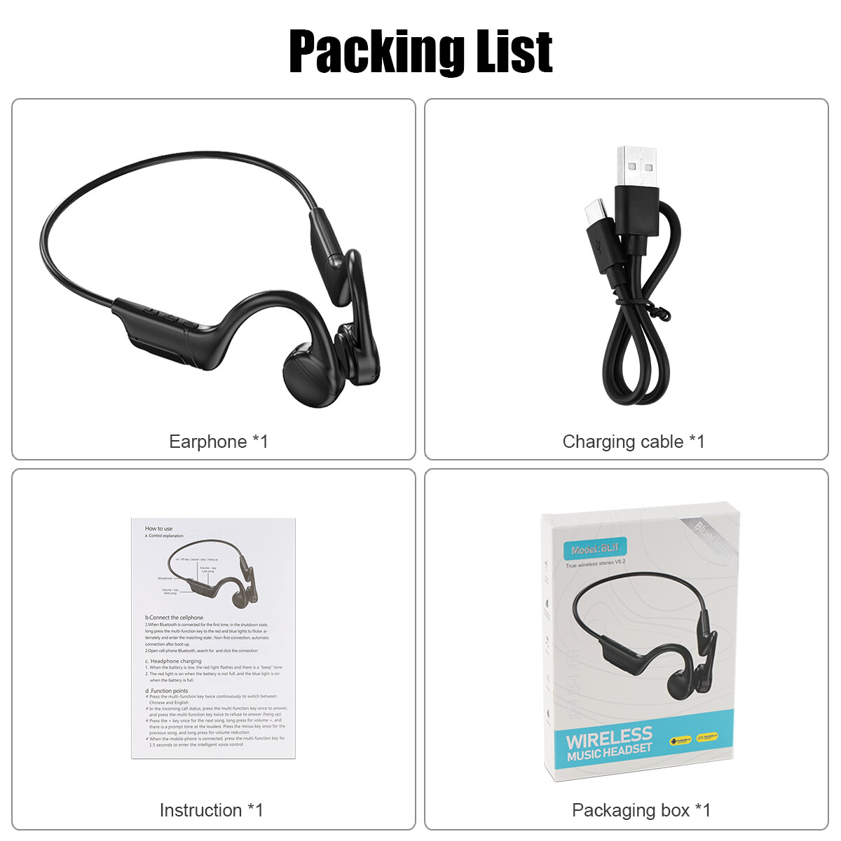 Bone Conduction Bluetooth 5.3 Headphones Wireless Earbuds Outdoor Sport Headset*