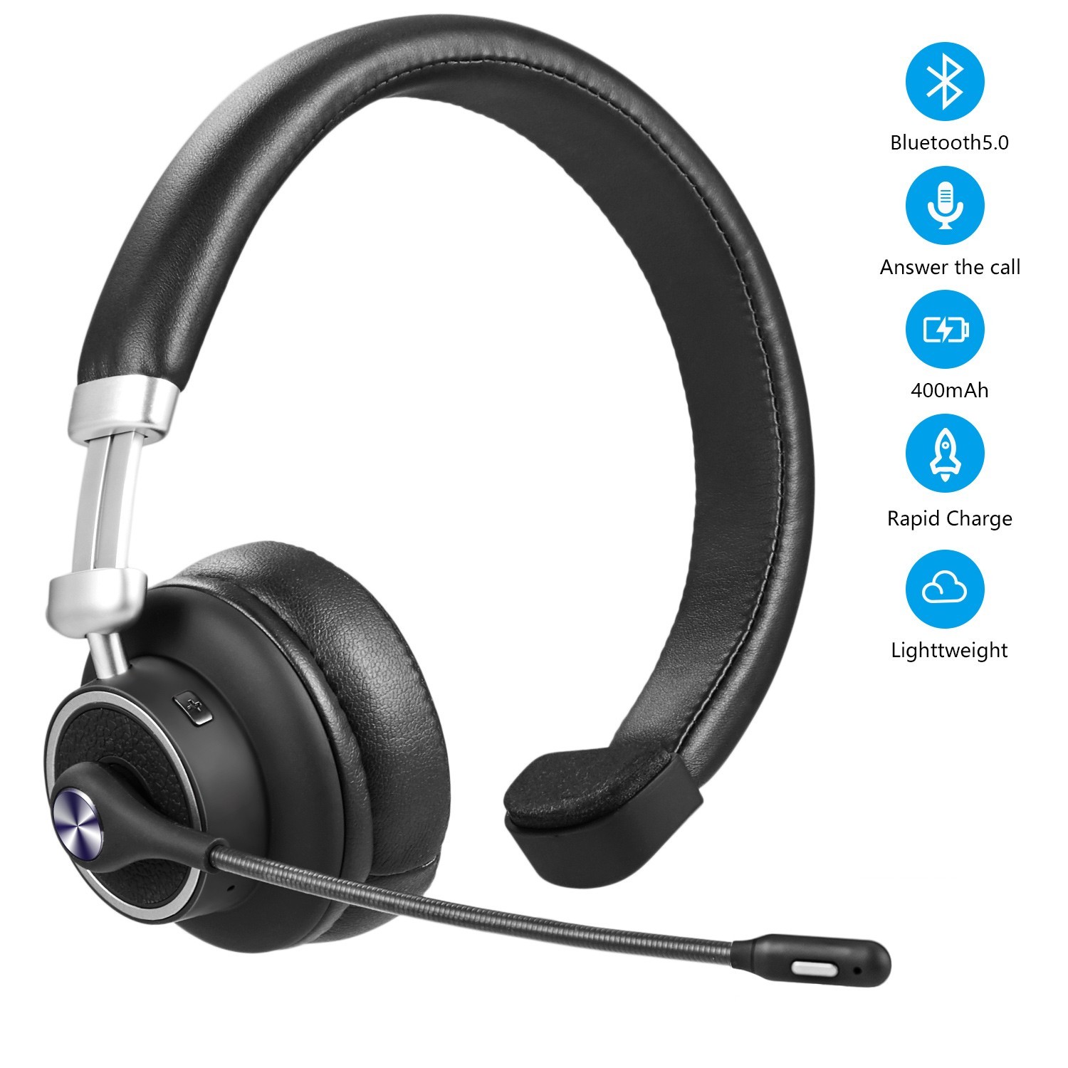 Wireless Bluetooth Headset Noise Canceling Headphones Over Head Boom with Mic