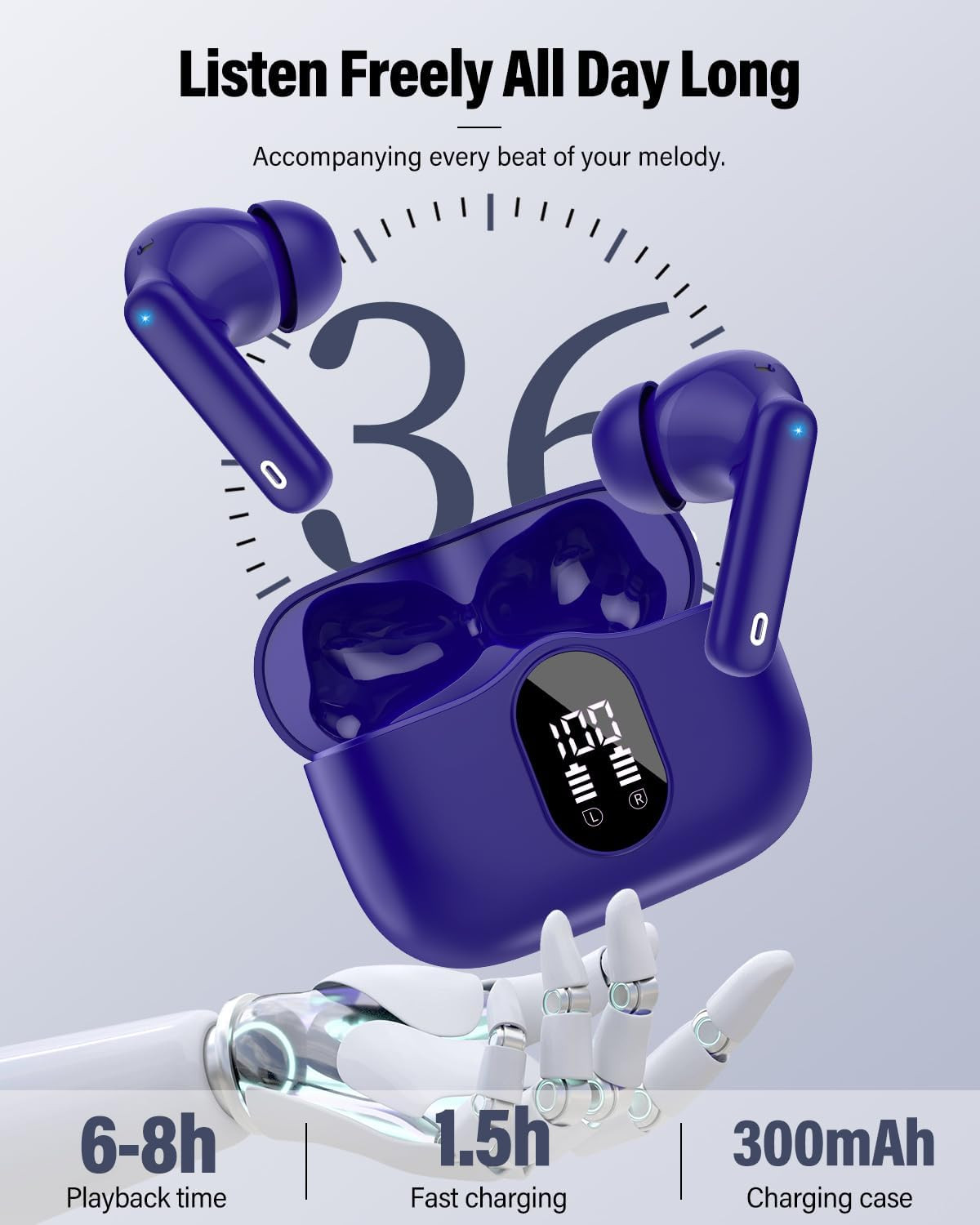Wireless Earbuds, Bluetooth 5.4 Headphones Bass Stereo/Clear Call,Dark Blue | Ea