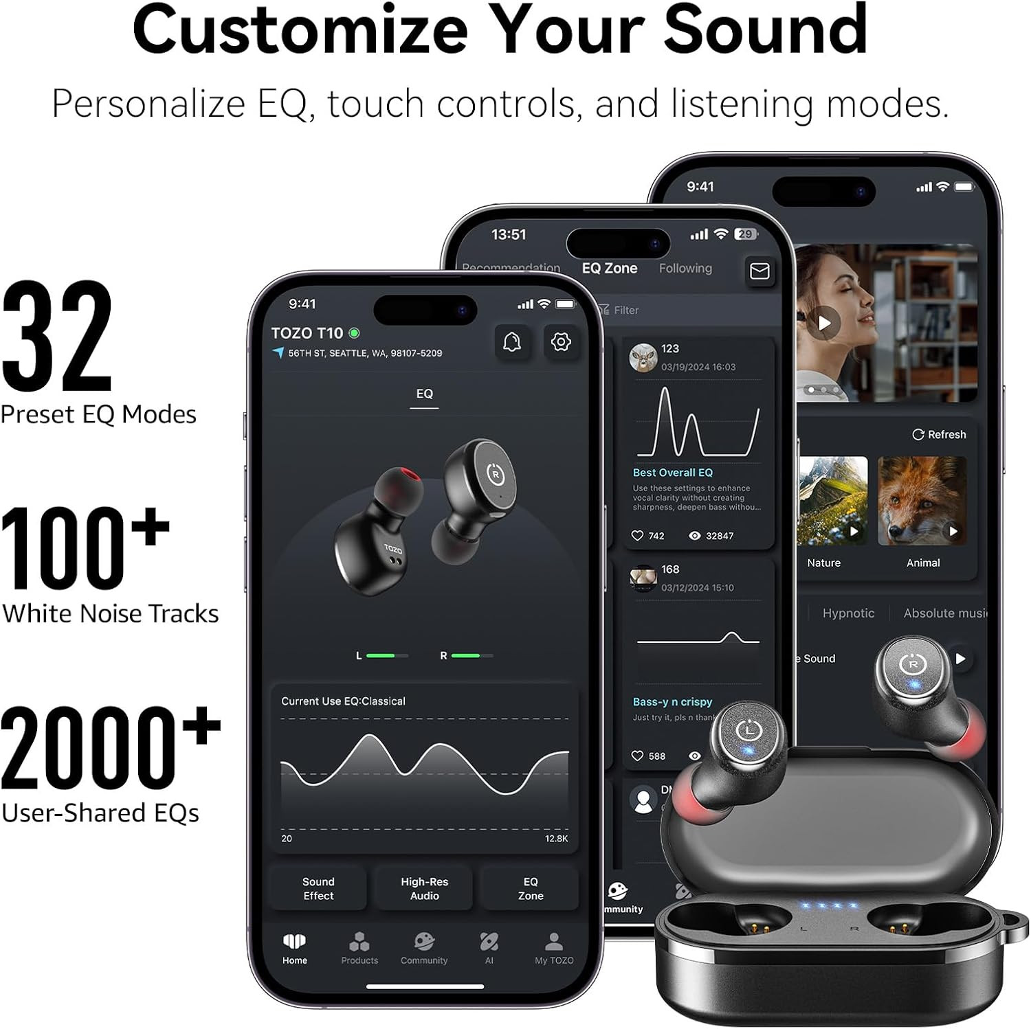 T10 Wireless Earbuds Bluetooth 5.3 Headphones, App Customize EQ, Ergonomic Desig