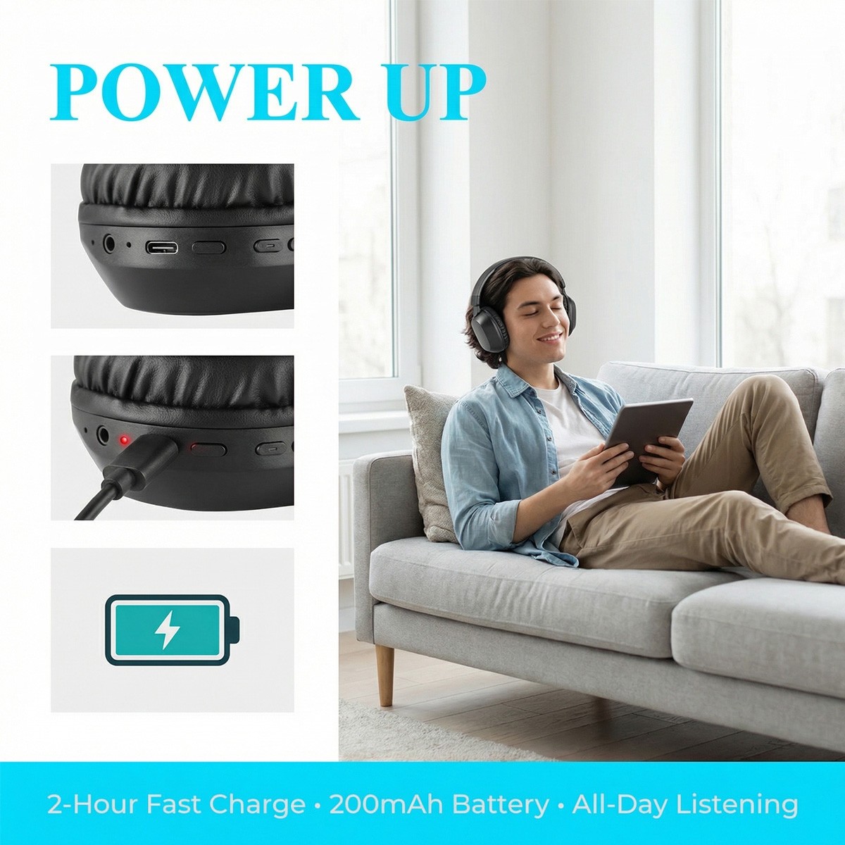 Over-Ear Bluetooth Headphones Wireless Stereo Hi-Fi Sound Rechargeable Headset