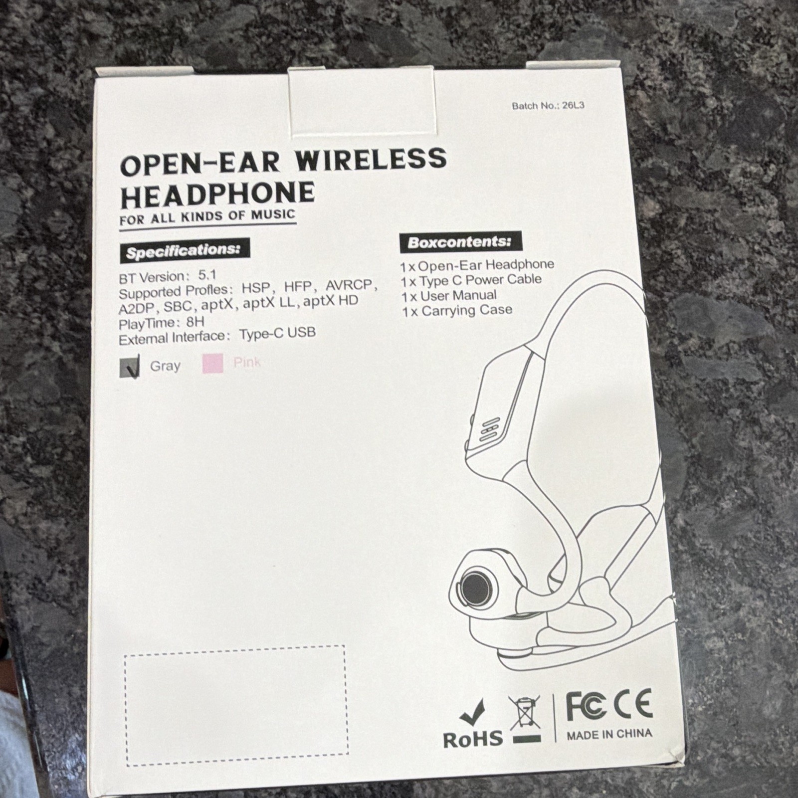 LK02 Open-Ear Ear-Hook Wireless Earbuds Bluetooth 5.1 Boom Mic USB-C Gray