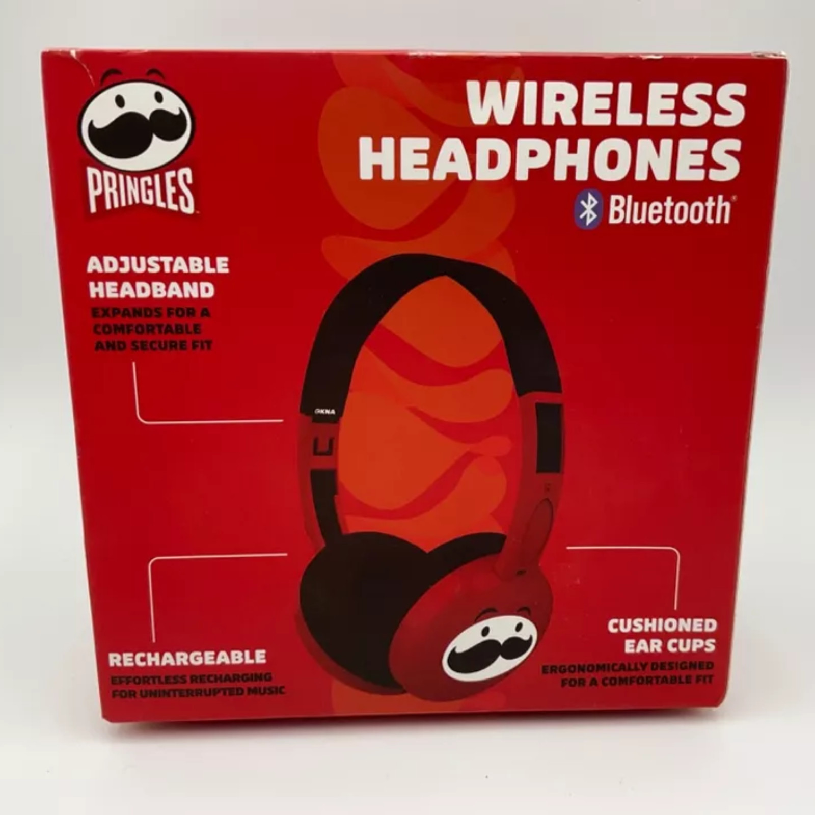 Pringles Wireless Headphones Bluetooth Rechargeable Cushioned Cup Red Black NEW
