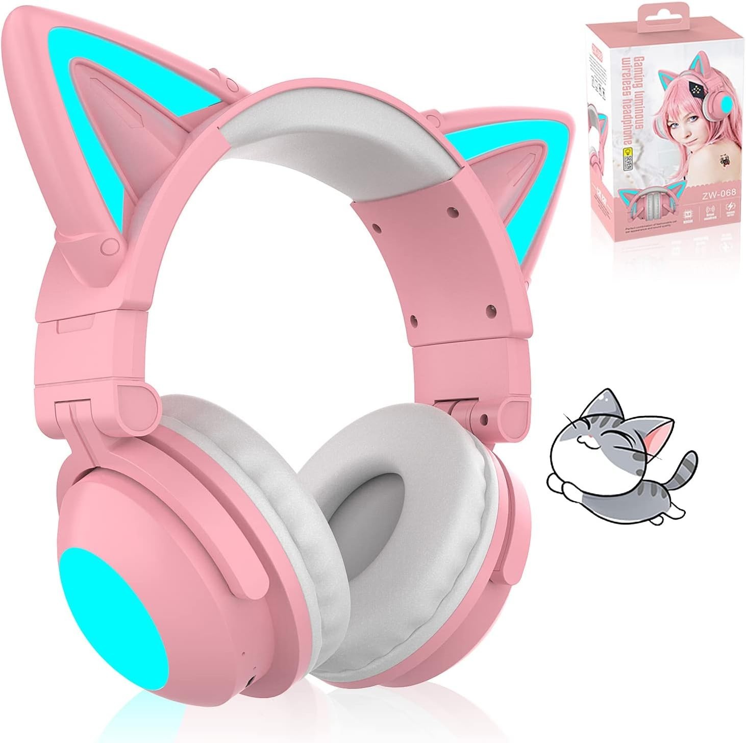 Cute Cat Ear Bluetooth Headphones for Kids & Adults, LED Lights, Foldable NOB