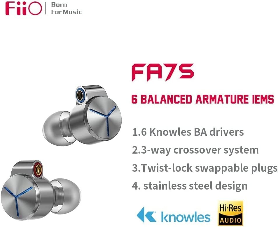 FiiO FA7S Headphone Earphones Wired 6BA High Resolution in-Ear Earbuds (Silver)