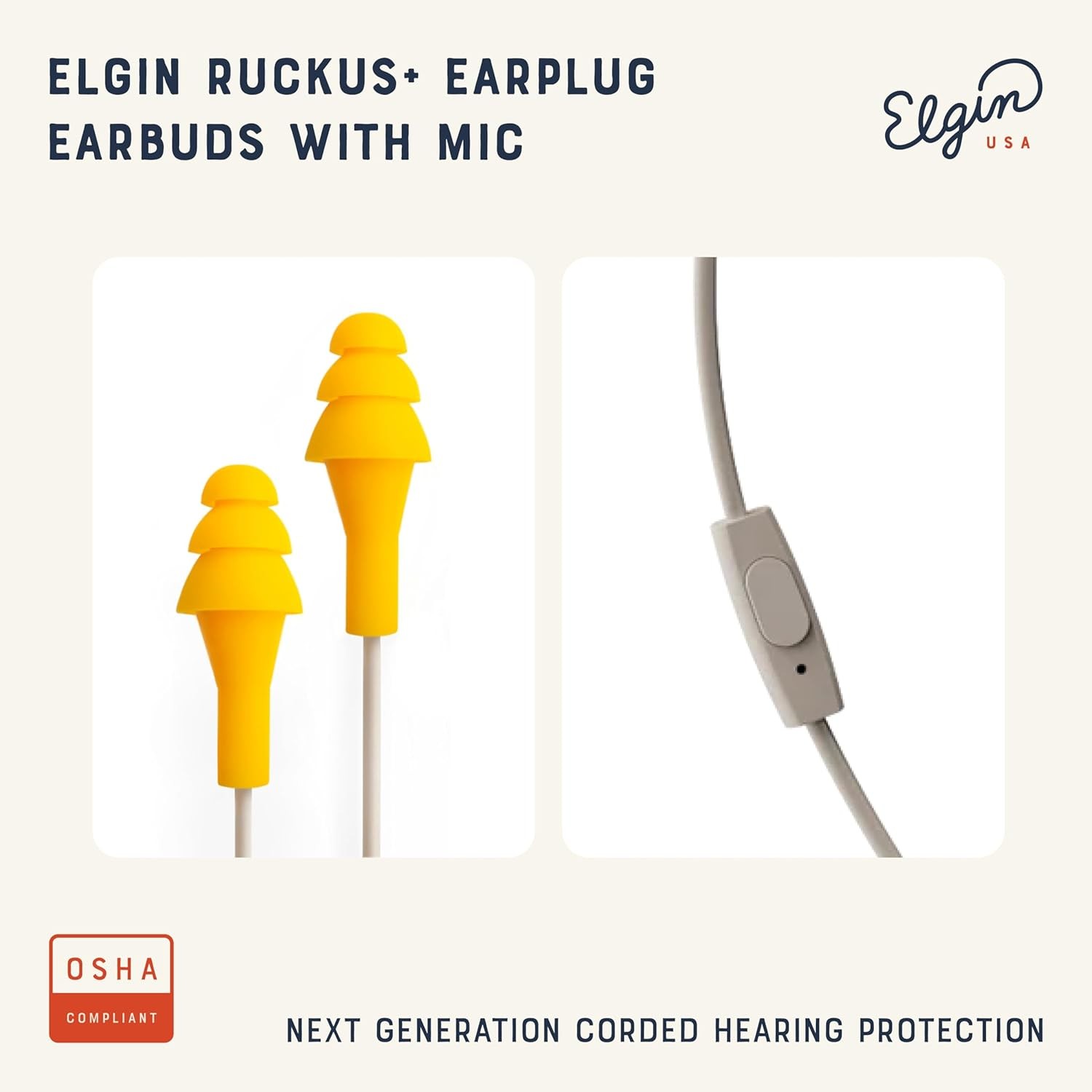 Elgin Ruckus+ Earbuds with Mic 25dB Noise Reduction Wired In-Ear Headphones