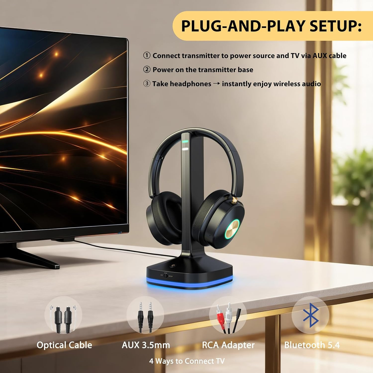 Wireless Headphones for TV, TV Headphones Wireless for Senior with Digital Optic
