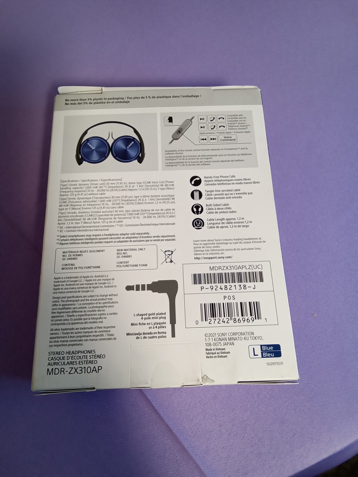 Sony MDR-ZX310AP Wired On-Ear Stereo Headphones 3.5mm Mic/Remote Blue