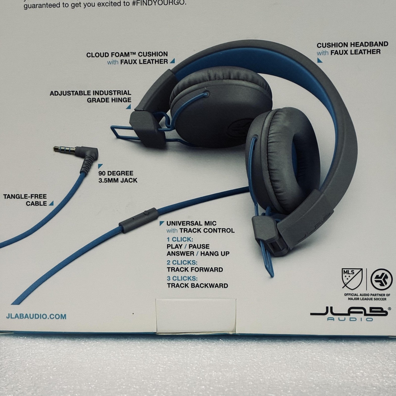 JLab Audio Studio On Ear Headphones Gray/Blue 3.5mm Mic Tangle-Free Wired Stereo