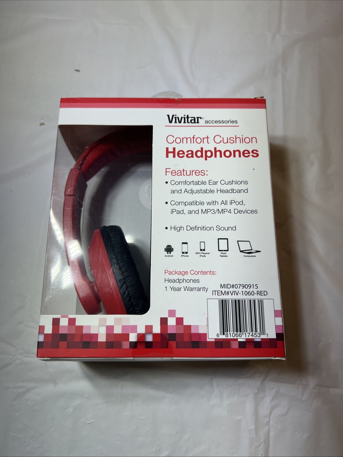 Vivitar Headphones Comfort Cushion Adjustable Headband Red High Def Sound NEW