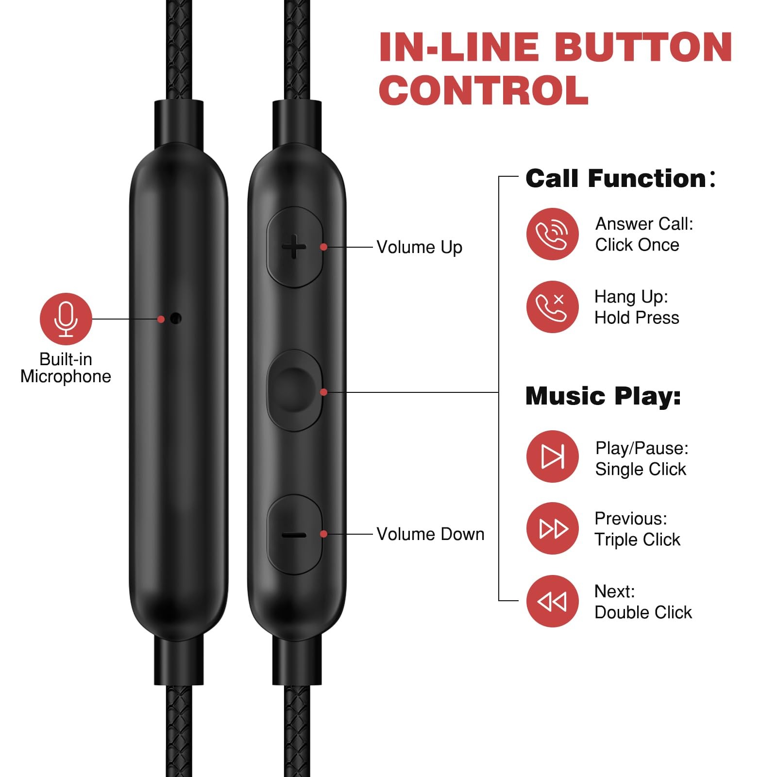 ASKUBSKU 3.5mm Headphones 5.9 ft Long Cord Wired Earbuds with Black