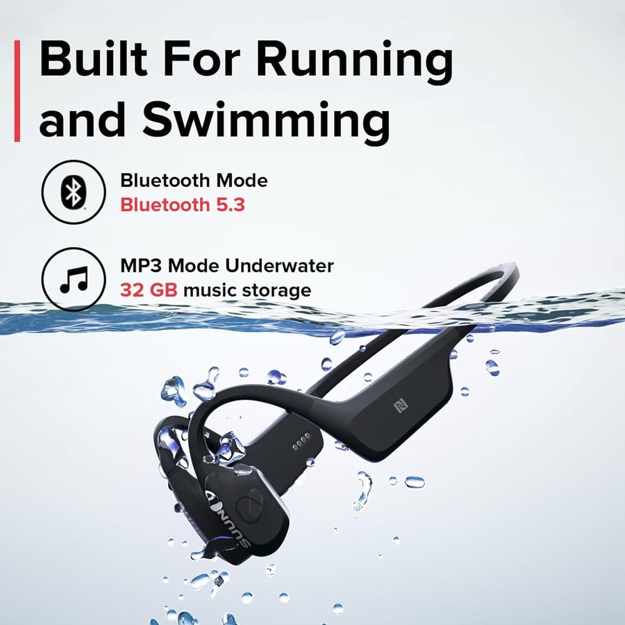 Suunto AQUA Swimming Bone Conduction Bluetooth Headphones with MP3 Player, Black