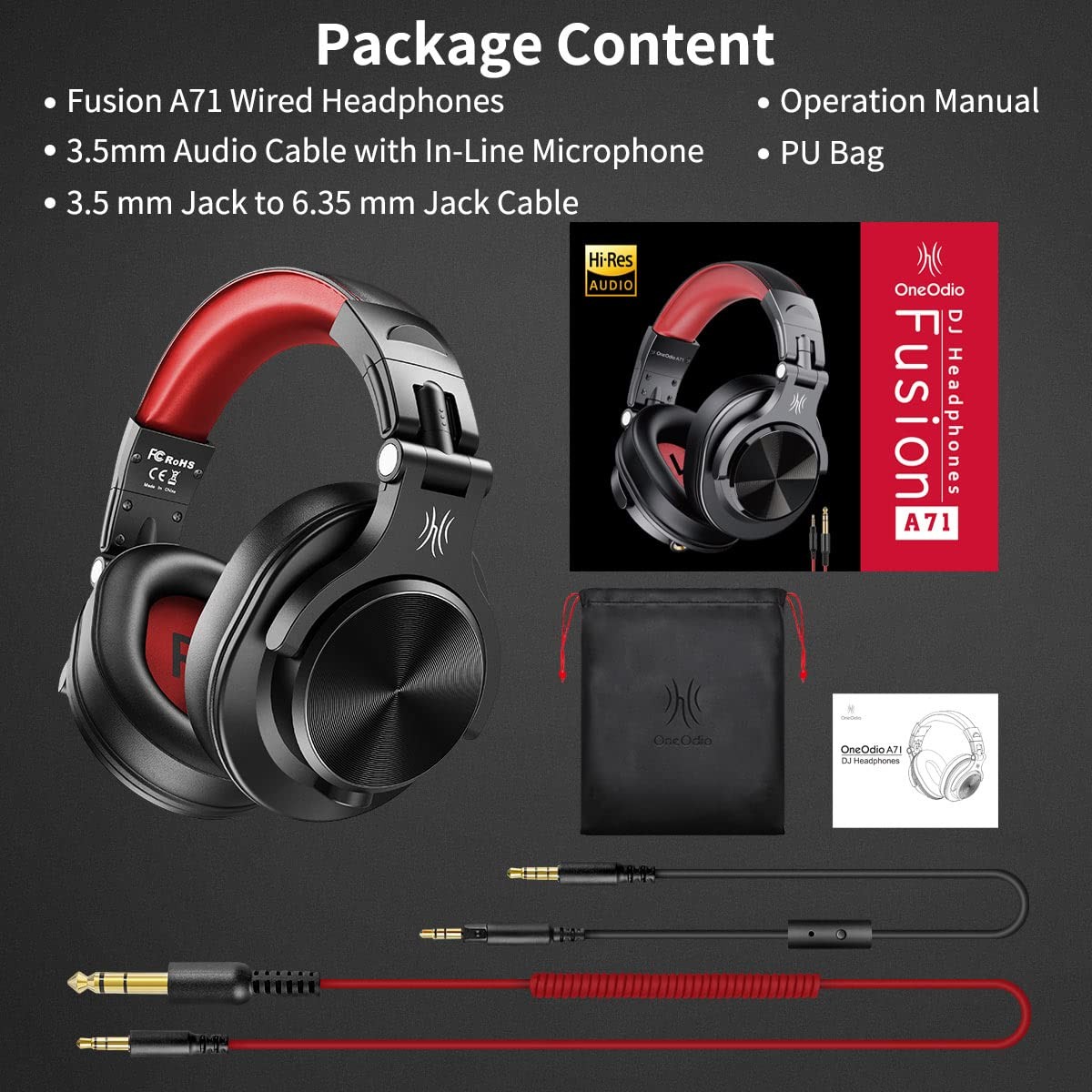OneOdio A71 Wired Over~Ear Headphones, SharePort, 3.5/6.35mm, Red