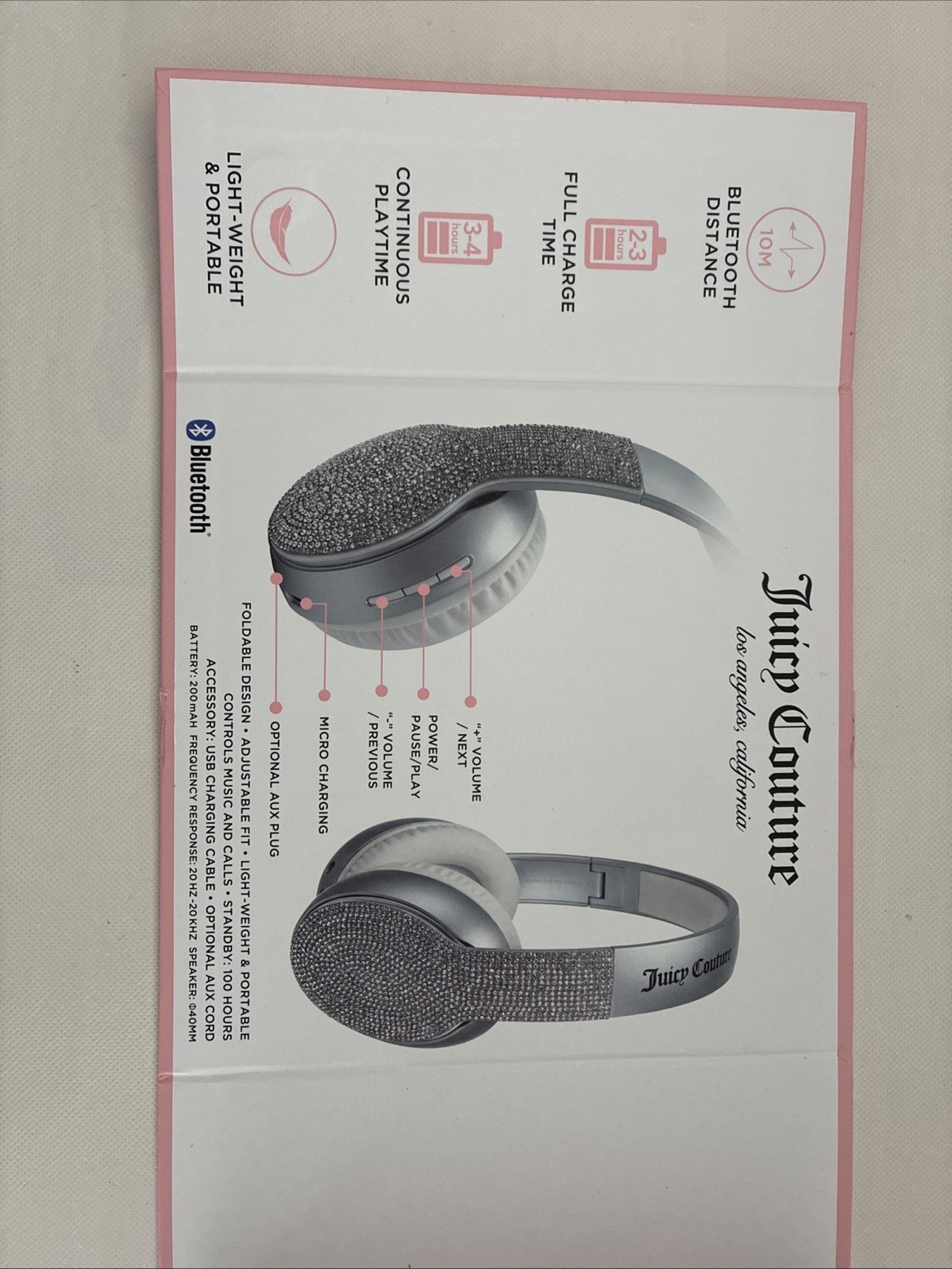 New Juicy Couture Bling Silver Grey Rhinestone Wireless Headphones