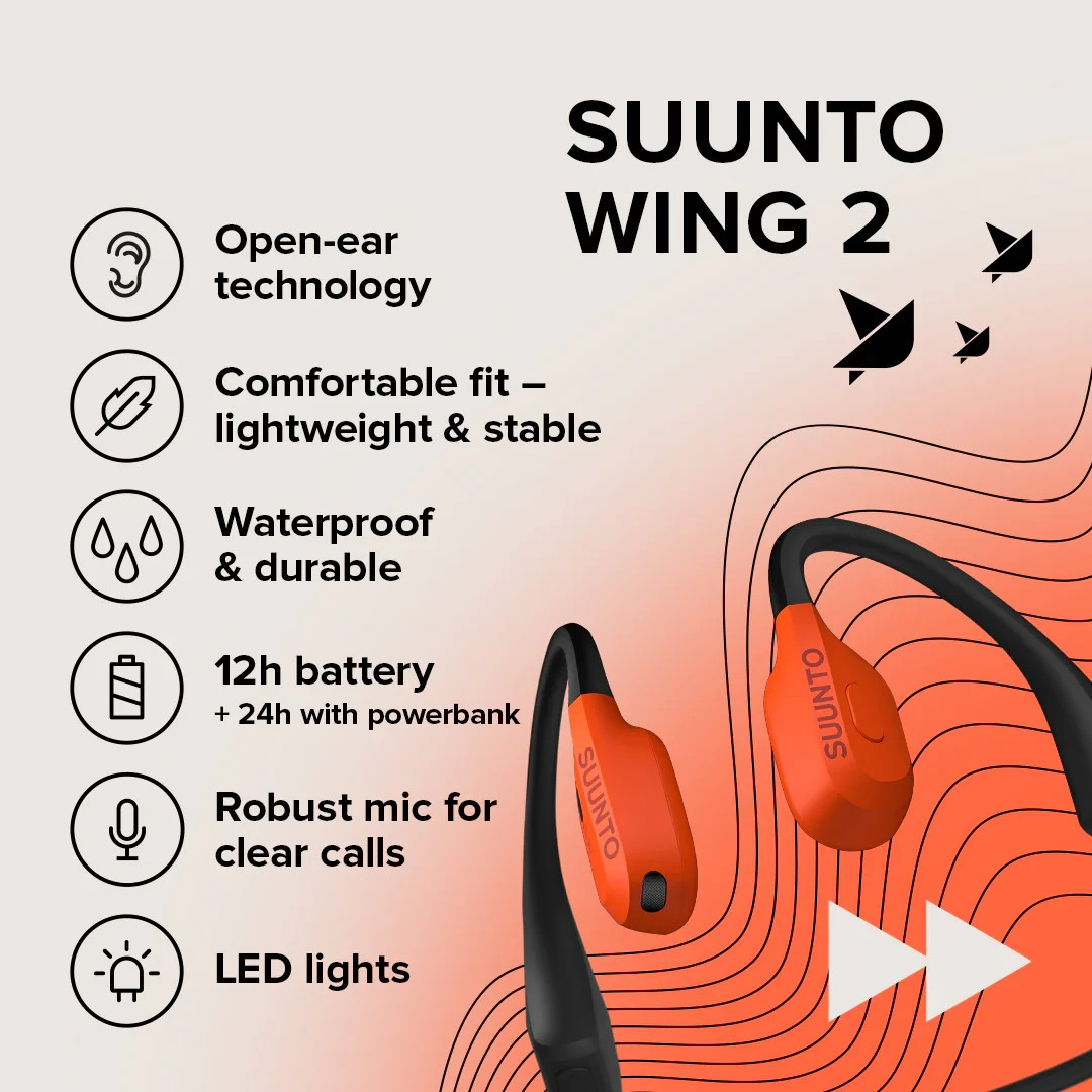 Suunto Wing 2 SS051260000 Bone Conduction w/ Powerbank Headphones – Coral Orange