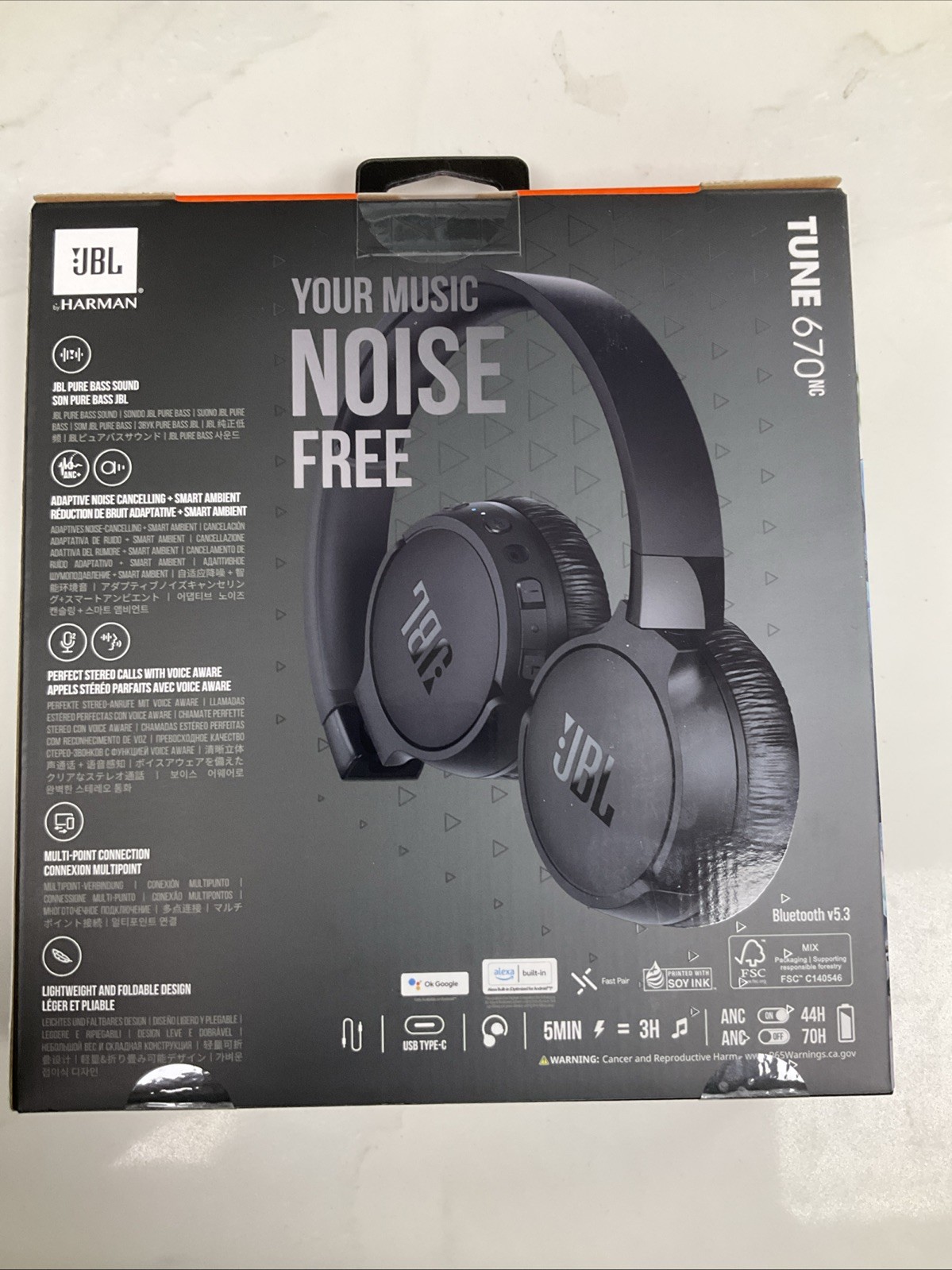 JBL Tune 670NC Wireless On-Ear Headphones with Adaptive Noise Cancelling – Black