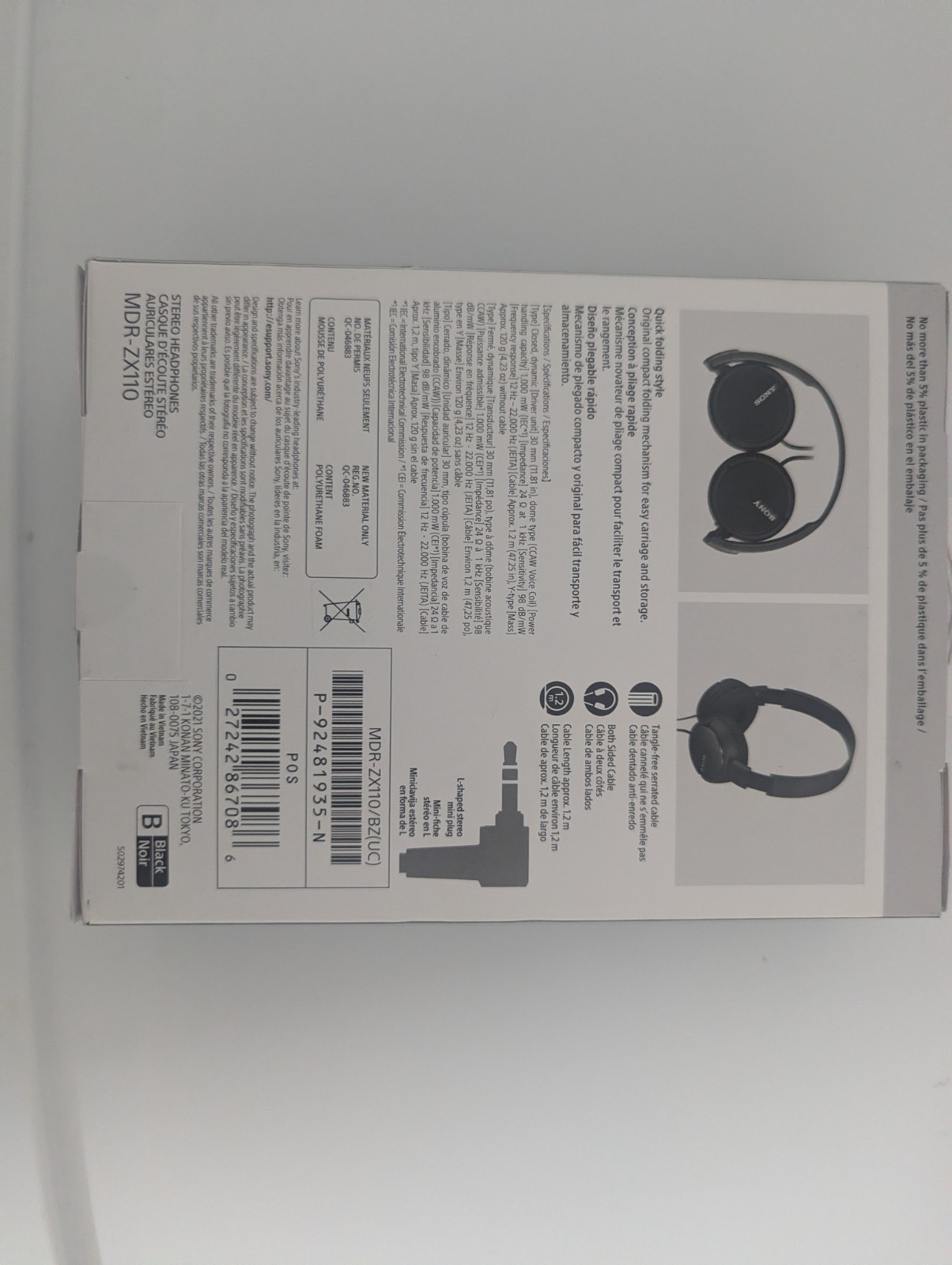 Sony MDR-ZX110 On-Ear Wired Headphones Black 3.5mm 1.2m Foldable