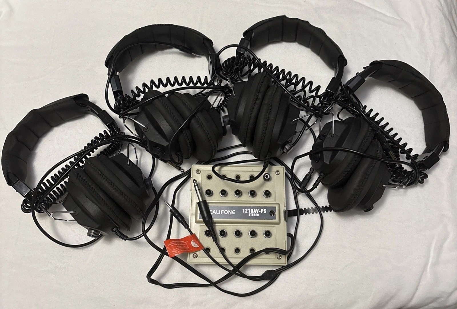 4 califone headphones 3068AV black, 1210AV-PS jack box Used In School-untested